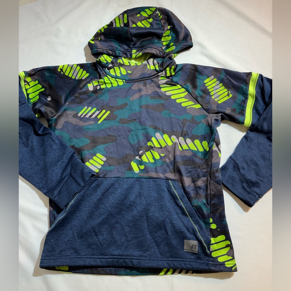 Russell Kids Hooded Pullover - Navy Camo with Neon Green Accents Sz L